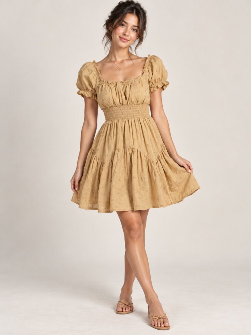 GB Tan Embroidered Smocked Puff Sleeve Tiered Mini Dress XS drop waist